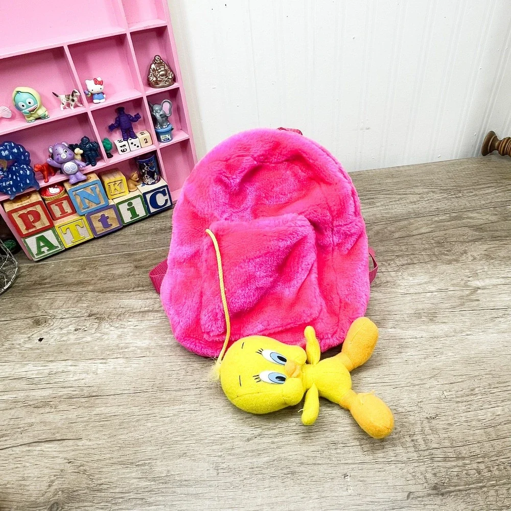 Looney Tunes Tweety Bird Pink Faux Fur Plush Mini Backpack Jaclyn Inc Y2K Style